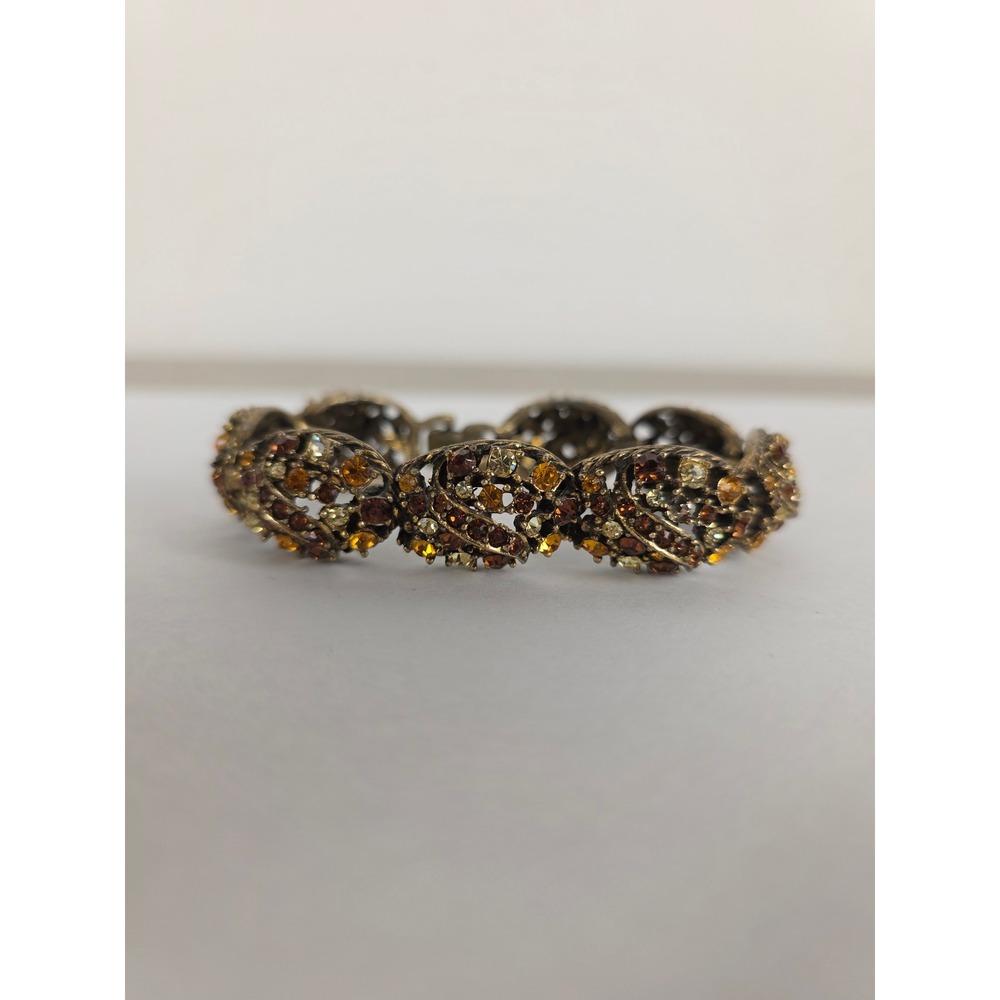 Selini Vintage Gold Tone Multi‎ Amber Rhinestone Filigree Link Bracelet 7.25in